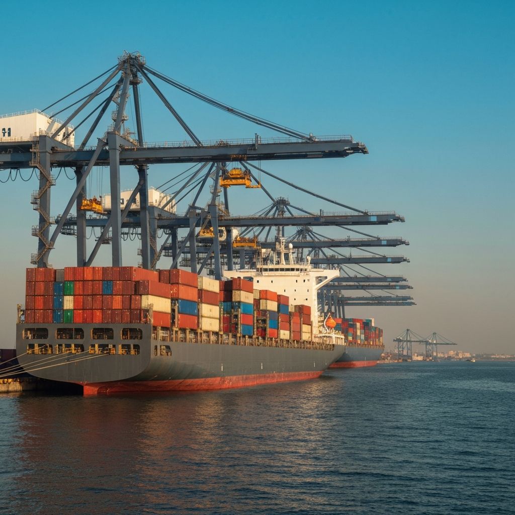 Cargo ship sailing smoothly on calm blue ocean waters